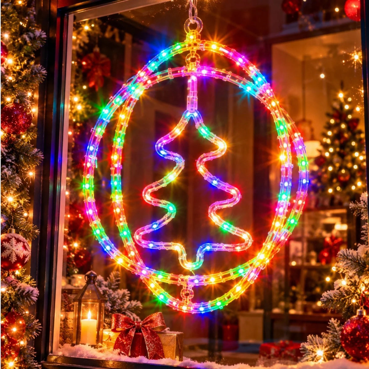 Instalatie LED 30cm, Decoratiune de Craciun Model Brad, Lumina Multicolora, Jocuri de Lumini si Efect Flash, Ornament Suspendat Transparent, pentru Geam Engros