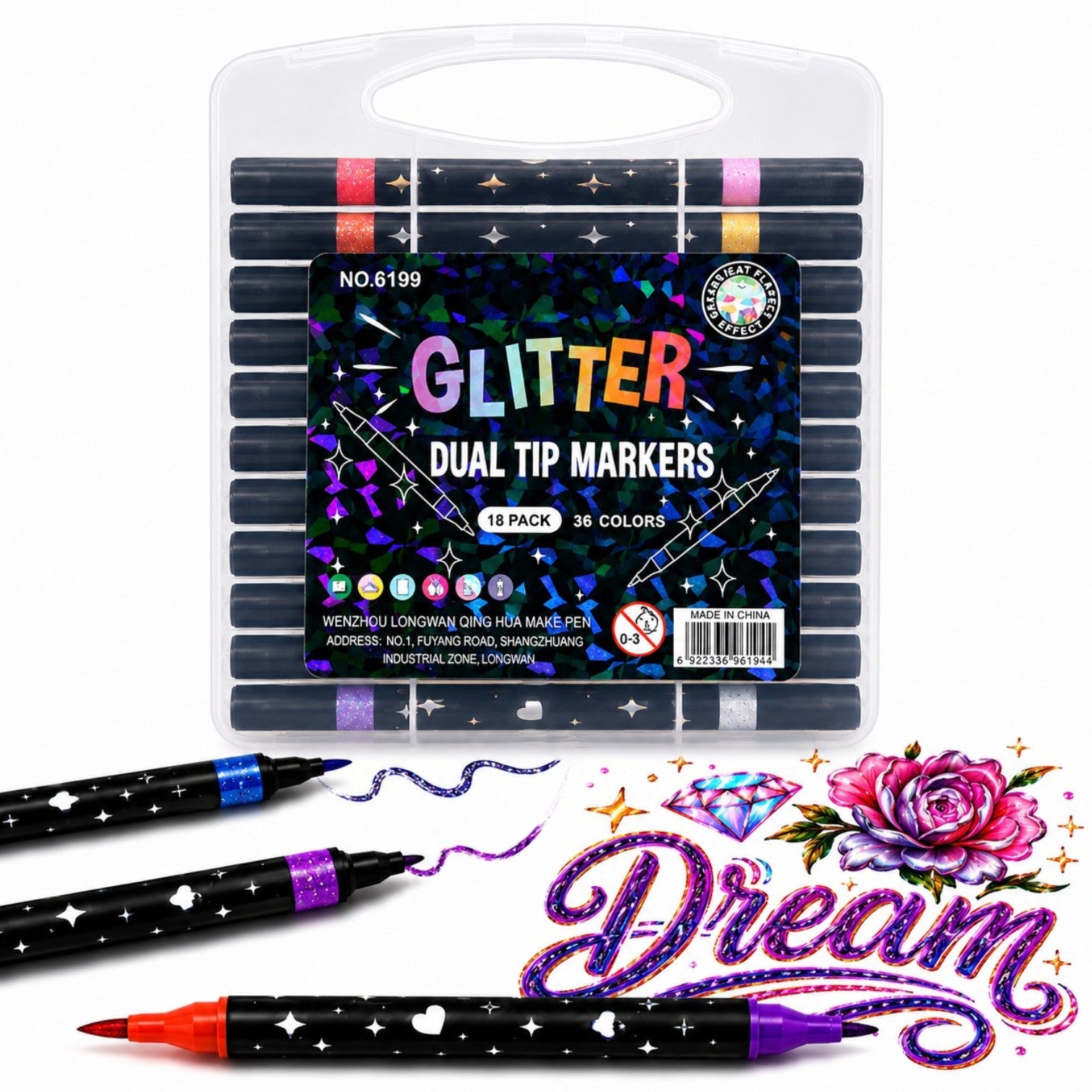 Markere Glitter 18/set, Două Vârfuri în Culori Diferite, 36 Culori Sclipitoare, Fin, în Cutie de Depozitare Engros