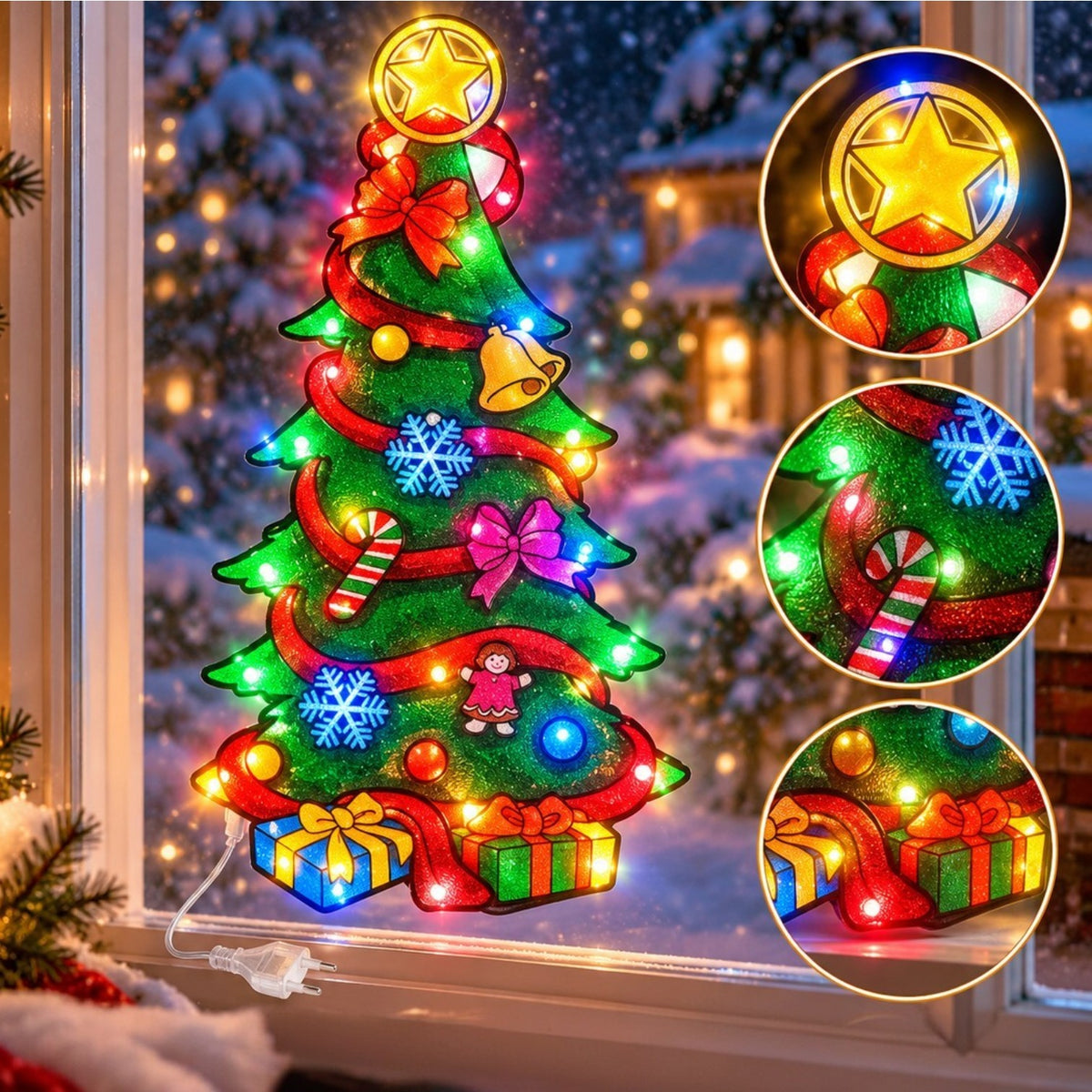 Decoratiune de Craciun Brad, 43.5x23cm, Ornament Geam cu Instalatie LED Multicolora, Alimentare la Priza Engros