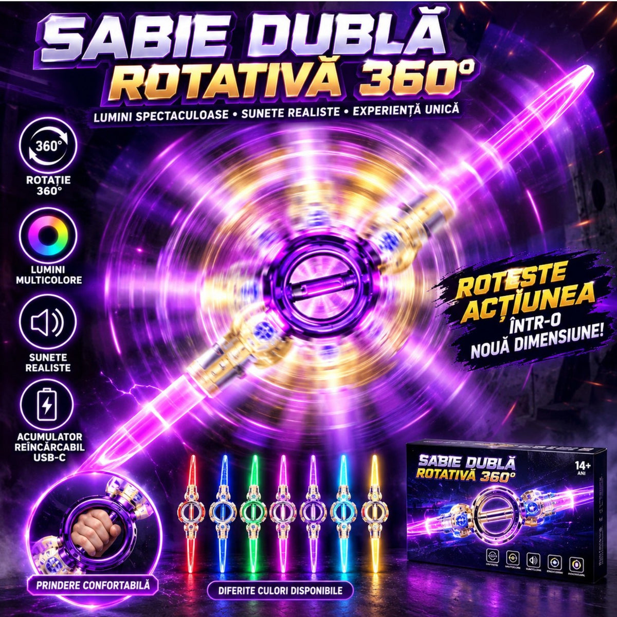 Sabie Dubla LED Rotativa 360° 102cm, cu Lumini Multicolore si Sunete, Reincarcabila USB-C, Diferite Culori Engros