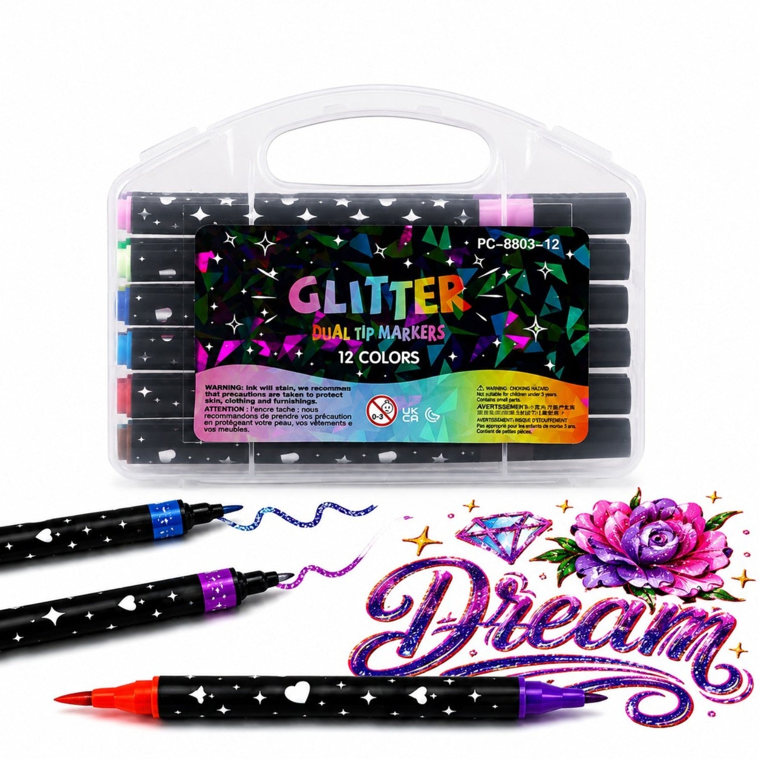Markere Glitter 12/set, Două Vârfuri în Culori Diferite, 24 Culori Sclipitoare, Fin, în Cutie de Depozitare Engros