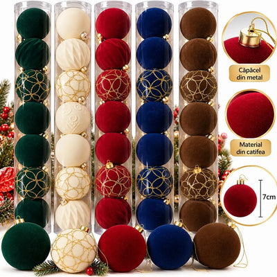 Globuri de Crăciun 9/Set, 7cm, din Catifea, cu Modele și Texturi Decorative, Căpăcel și Inel de Agățare din Metal Auriu, Diferite Culori Engros