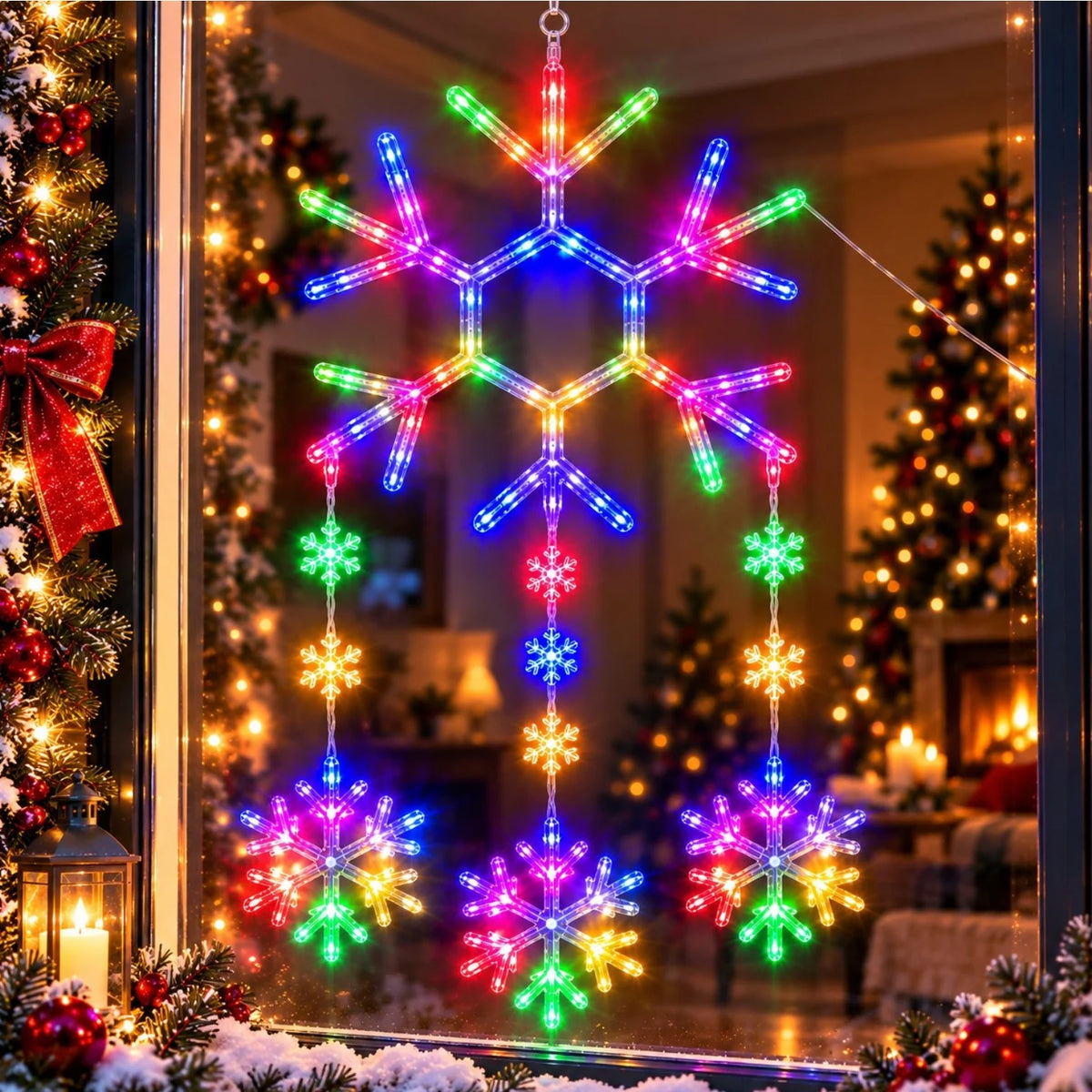 Instalatie LED de Craciun 101cm, Decoratiune Model Fulg de Nea, Lumina Multicolora, Jocuri de Lumini si Efect Flash, pentru Geam Engros