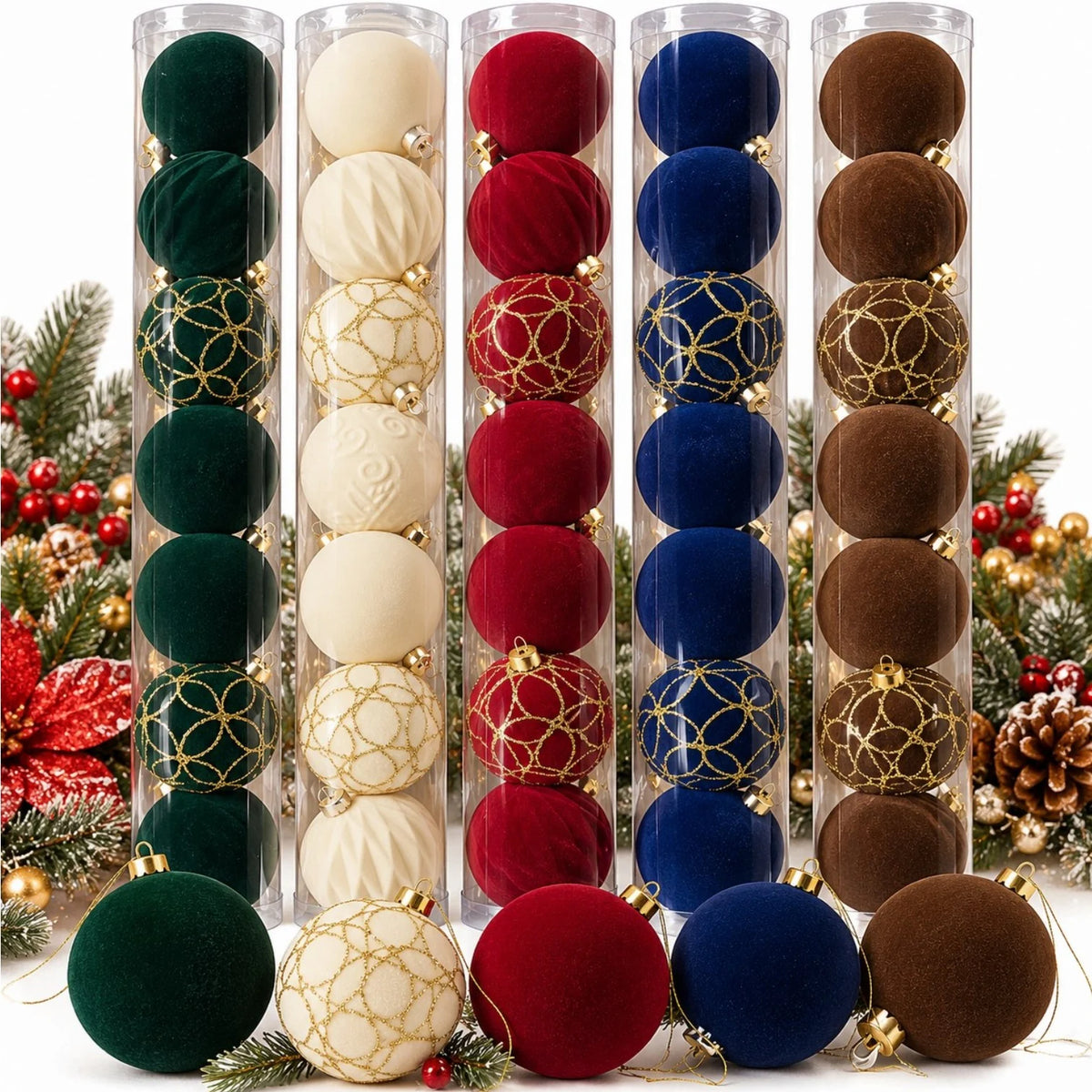 Globuri de Crăciun 9/Set, 7cm, din Catifea, cu Modele și Texturi Decorative, Căpăcel și Inel de Agățare din Metal Auriu, Diferite Culori Engros