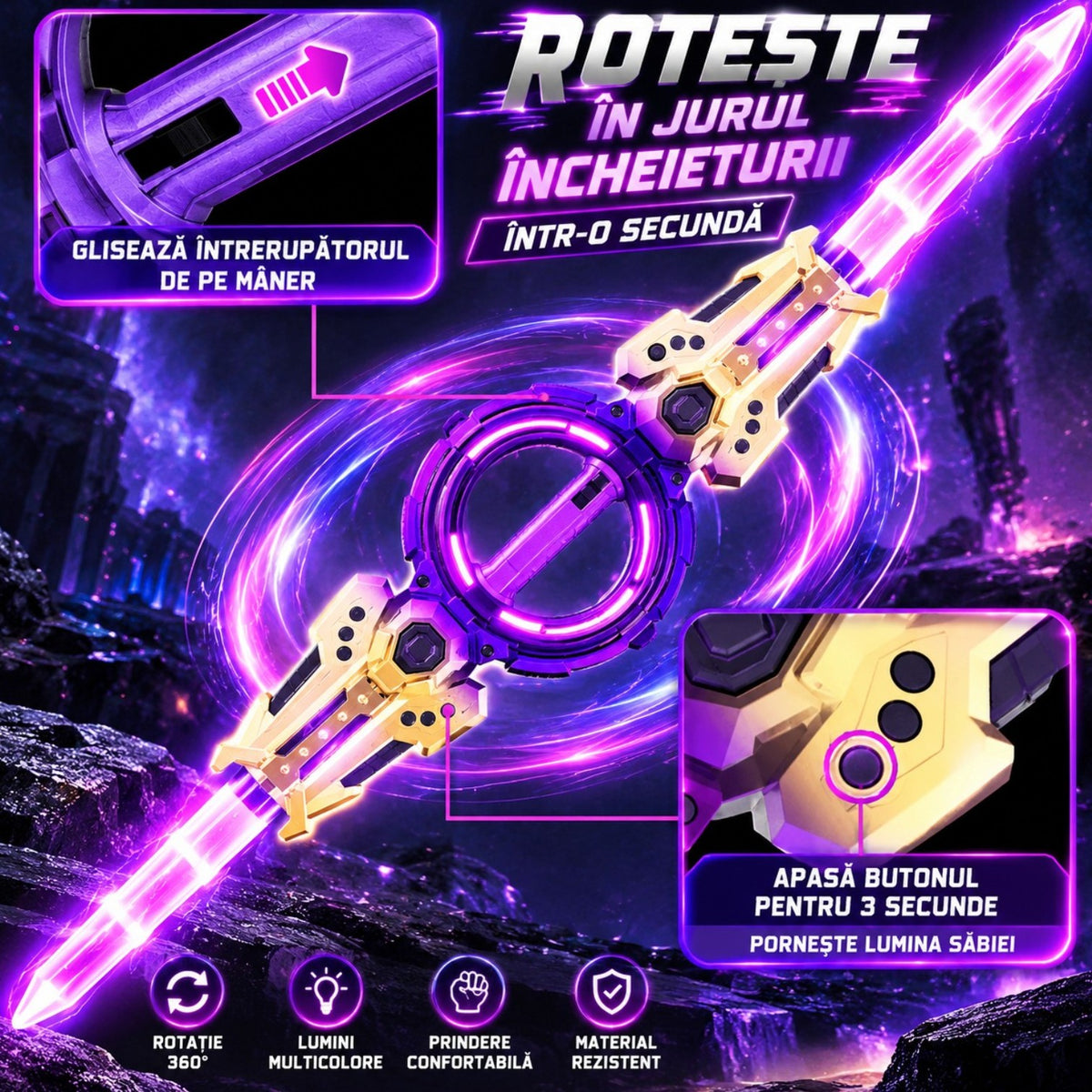 Sabie Dubla LED Rotativa 360° 102cm, cu Lumini Multicolore si Sunete, Reincarcabila USB-C, Diferite Culori Engros