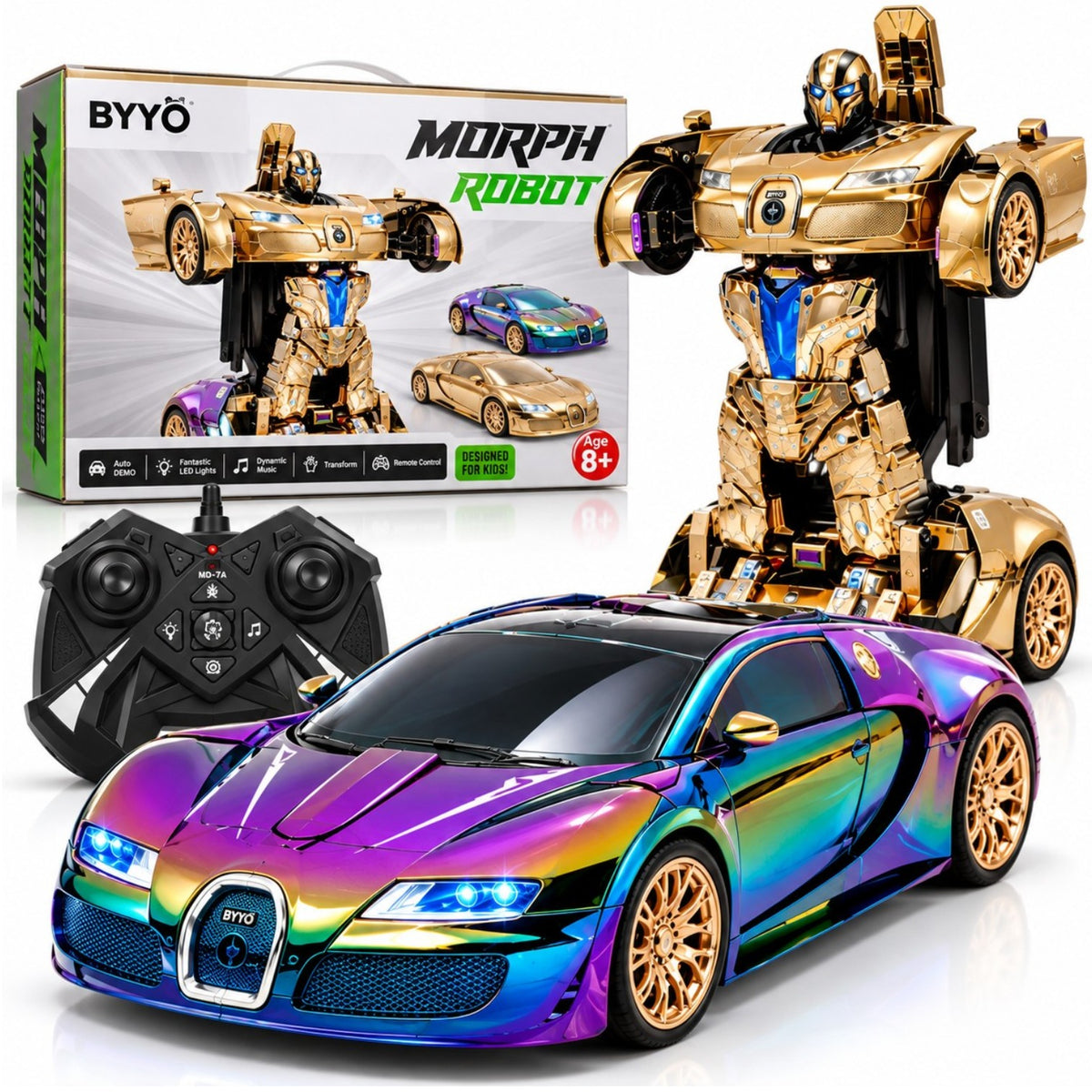 Masina Electrica RC Transformabila in Robot 48cm, cu Telecomanda, Lumini LED, Muzica si Transformare Automata, Diferite Culori Engros