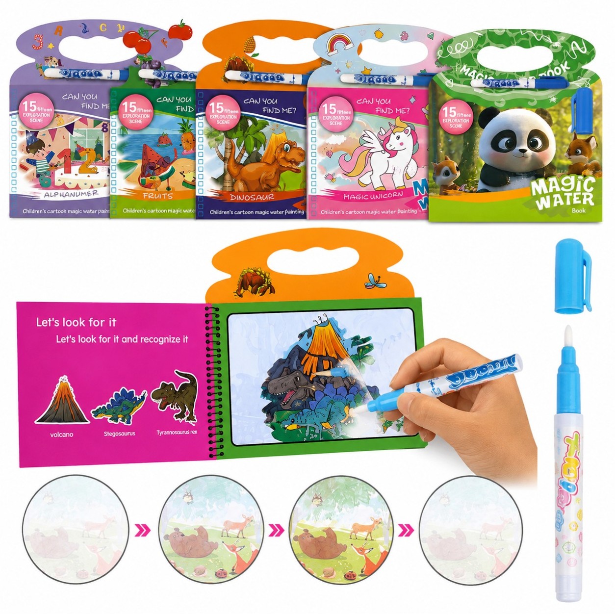 Cărți Magice de Colorat cu Apă 22x20cm cu Mâner și Cariocă Reutilizabilă, Pagine Reutilizabile care Dezvăluie Culori Ascunse Diferite Modele Engros