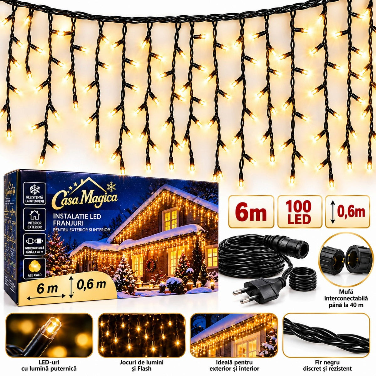 Instalație de Crăciun Tip Franjuri 6m, 100 LED-uri, Lumină Alb Cald, Fir Negru, Jocuri de Lumini și Flash Alb, Mufă Interconectabilă Engros