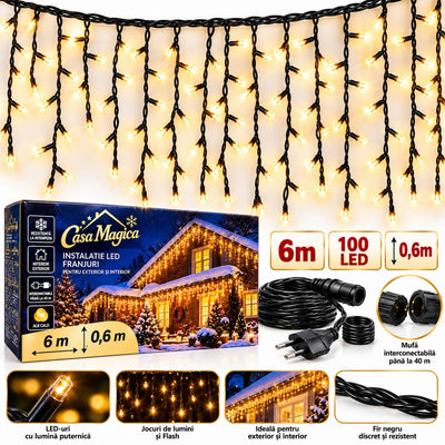 Instalație de Crăciun Tip Franjuri 6m, 100 LED-uri, Lumină Alb Cald, Fir Negru, Jocuri de Lumini și Flash Alb, Mufă Interconectabilă Engros