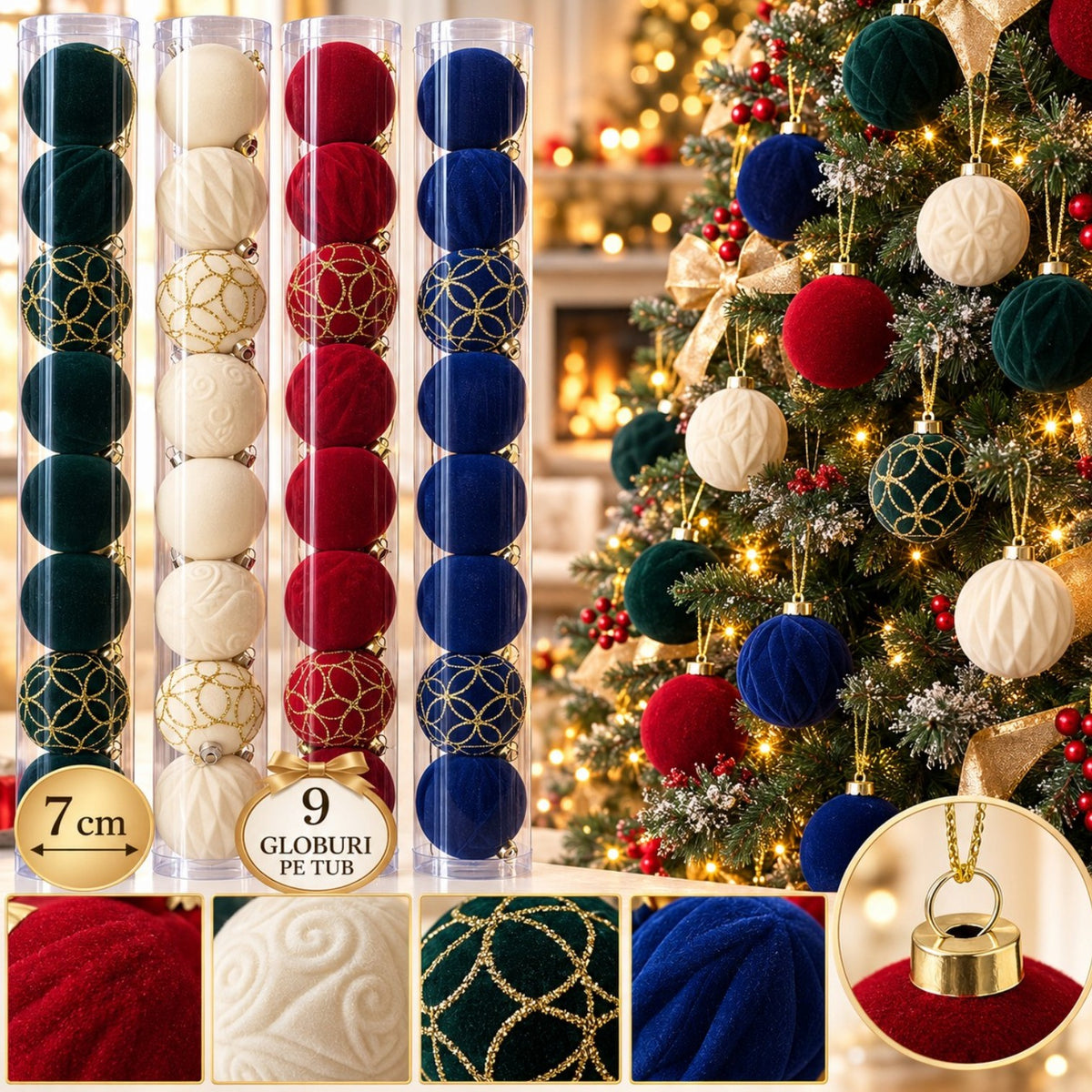 Globuri de Crăciun 9/Set, 7cm, din Catifea, cu Modele și Texturi Decorative, Căpăcel și Inel de Agățare din Metal Auriu, Diferite Culori Engros