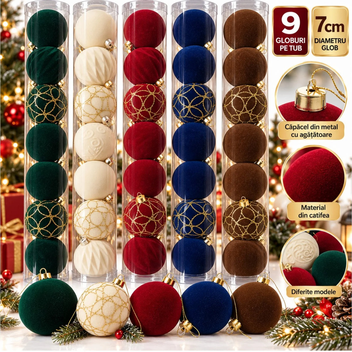 Globuri de Crăciun 9/Set, 7cm, din Catifea, cu Modele și Texturi Decorative, Căpăcel și Inel de Agățare din Metal Auriu, Diferite Culori Engros