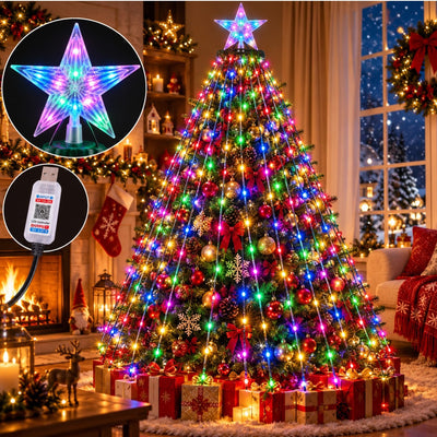 Instalație LED Franjuri/Perdea 180cm, pentru Brad de Crăciun, 288 LED-uri, Lumină Multicoloră, Jocuri de Lumini și Efect Flash, Stea Luminoasă în Vârf, Alimentare USB Engros
