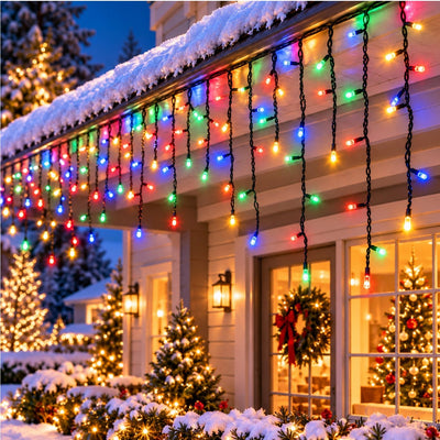 Instalație de Crăciun Tip Franjuri 6m, 100 LED-uri, Lumină Multicolora, Fir Negru, Jocuri de Lumini și Flash Alb, Mufă Interconectabilă Engros