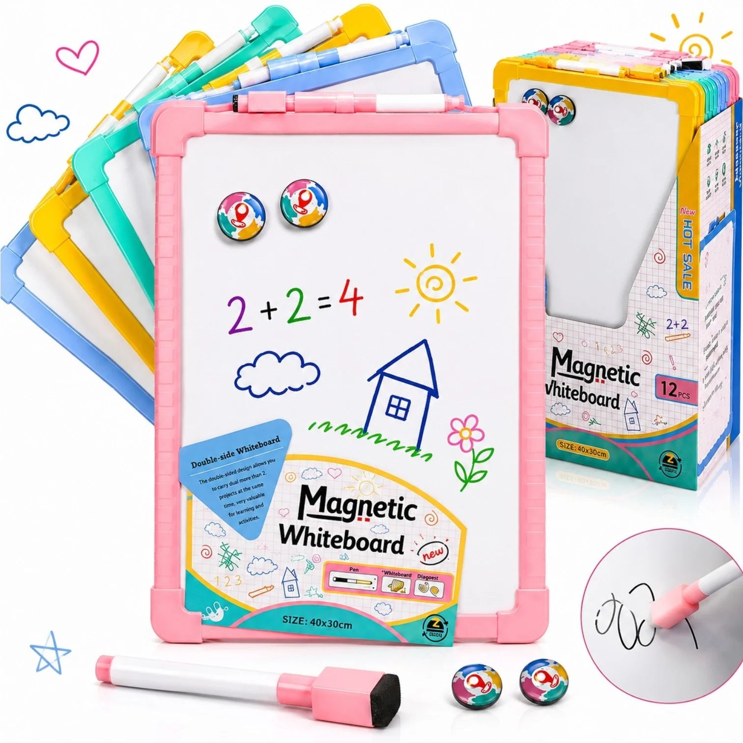 Tabla Magnetica Față-Verso 40x30cm, cu Marker și 2 Magneți, Reutilizabilă, Diferite Culori Engros