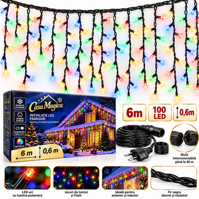 Instalație de Crăciun Tip Franjuri 6m, 100 LED-uri, Lumină Multicolora, Fir Negru, Jocuri de Lumini și Flash Alb, Mufă Interconectabilă Engros
