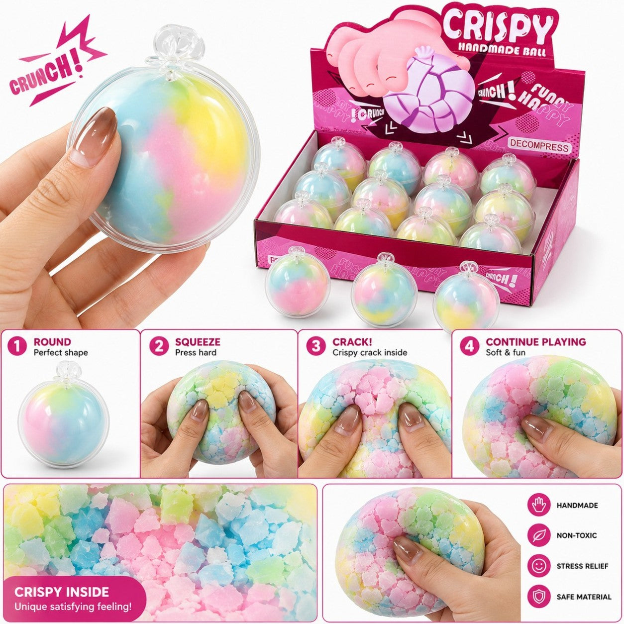 Minge Antistres 12/set, Crunchy Curcubeu 6cm, Crispy Handmade Ball, Squishy Engros