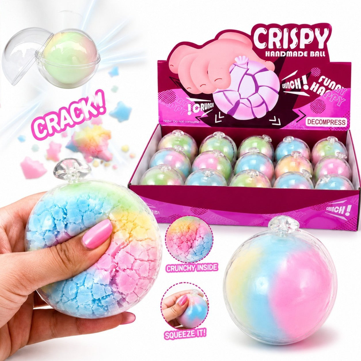 Minge Antistres 12/set, Crunchy Curcubeu 6cm, Crispy Handmade Ball, Squishy Engros