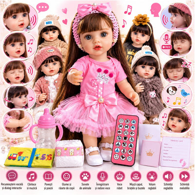 Papusa Interactiva din Vinil 55cm, cu Telecomanda, Recunoastere Vocala, Dialog, Muzica, Povesti, Inregistrare Voce si Miscari, Diferite Modele Engros
