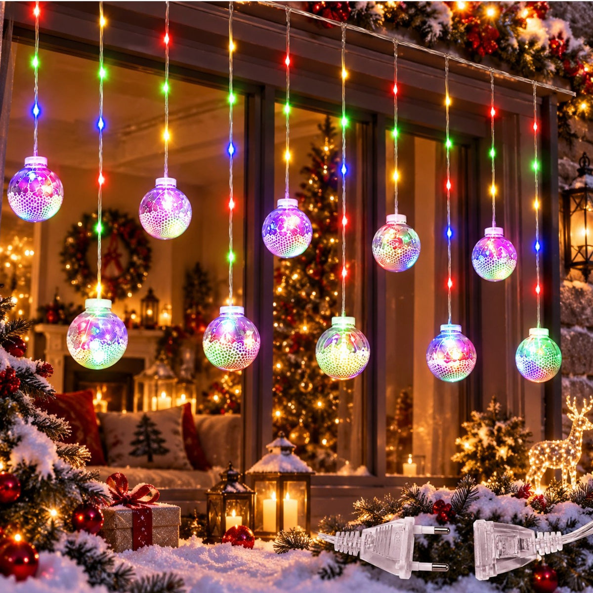 Instalatie LED de Craciun 3m, cu 10 Globuri de 8.5cm, Figurine si Zapada Artificiala din Polistiren, Lumina Multicolora, Jocuri de Lumini, Efect Flash, Interconectabila Engros