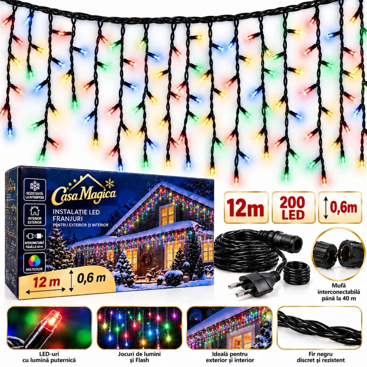 Instalație de Crăciun Tip Franjuri 12m, 200 LED-uri, Lumină Multicolora, Fir Negru, Jocuri de Lumini și Flash Alb, Mufă Interconectabilă Engros