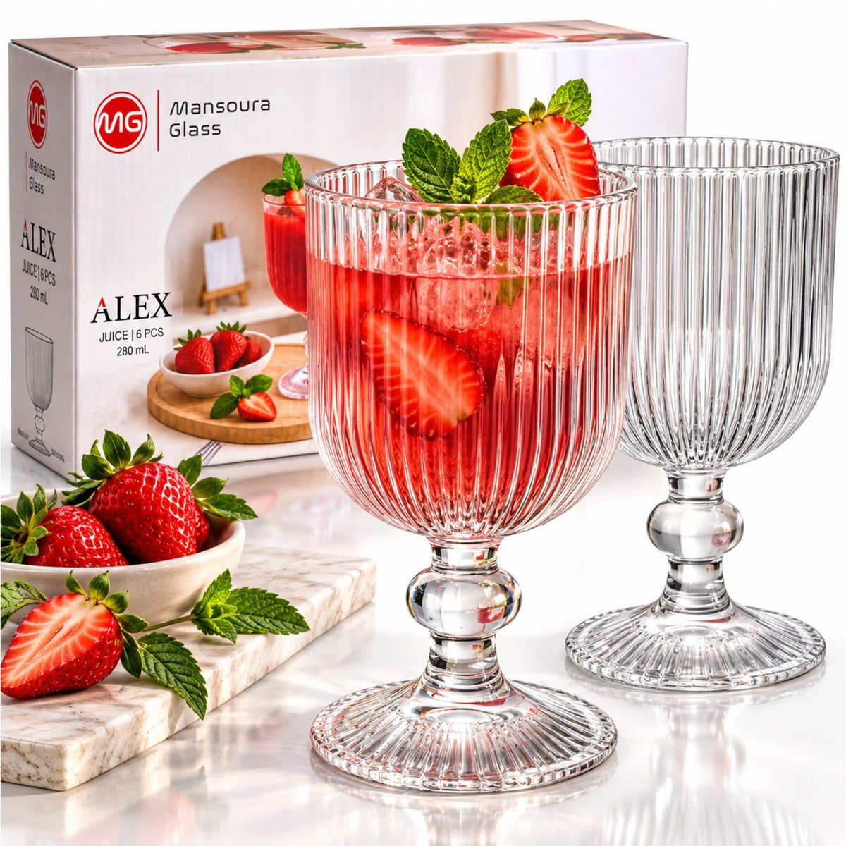 Pahar cu Picior 6/Set, din Sticla 280ml, Model Alex Striat 14cm Engros