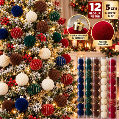 Globuri de Crăciun 12/Set, 5cm, din Catifea, cu Modele și Texturi Decorative, Căpăcel și Inel de Agățare din Metal Auriu, Diferite Culori Engros
