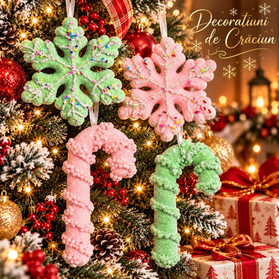 Decorațiuni de Crăciun 12/set, 11.5–17cm, Fulgi de Nea și Bastonașe Decorative, cu Sclipici și Aspect de Zăpadă, Diverse Modele pentru Brad Engros