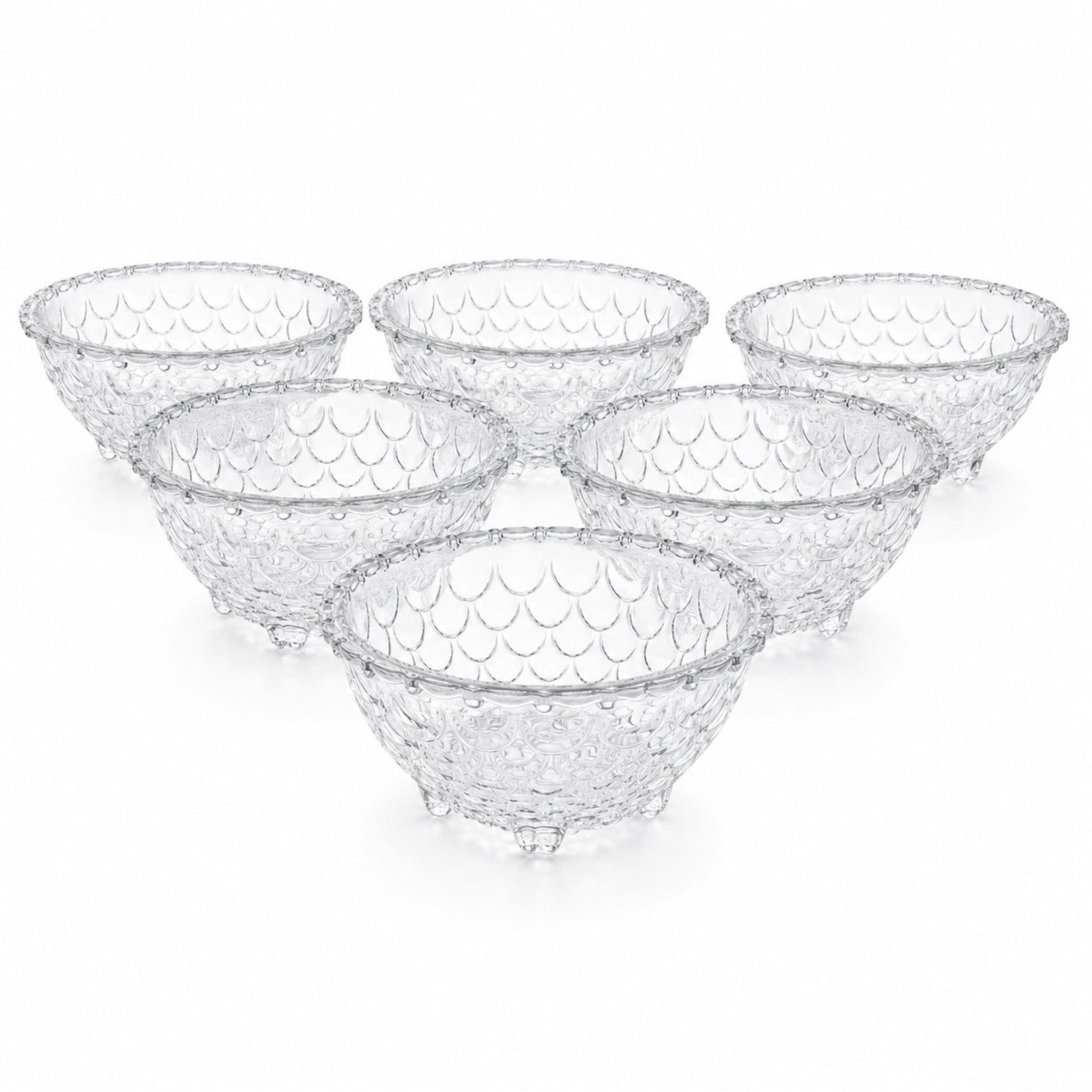 Bol din Sticla 6/set, Model Solzi cu Piciorușe, 11.5x5cm Transparent Engros