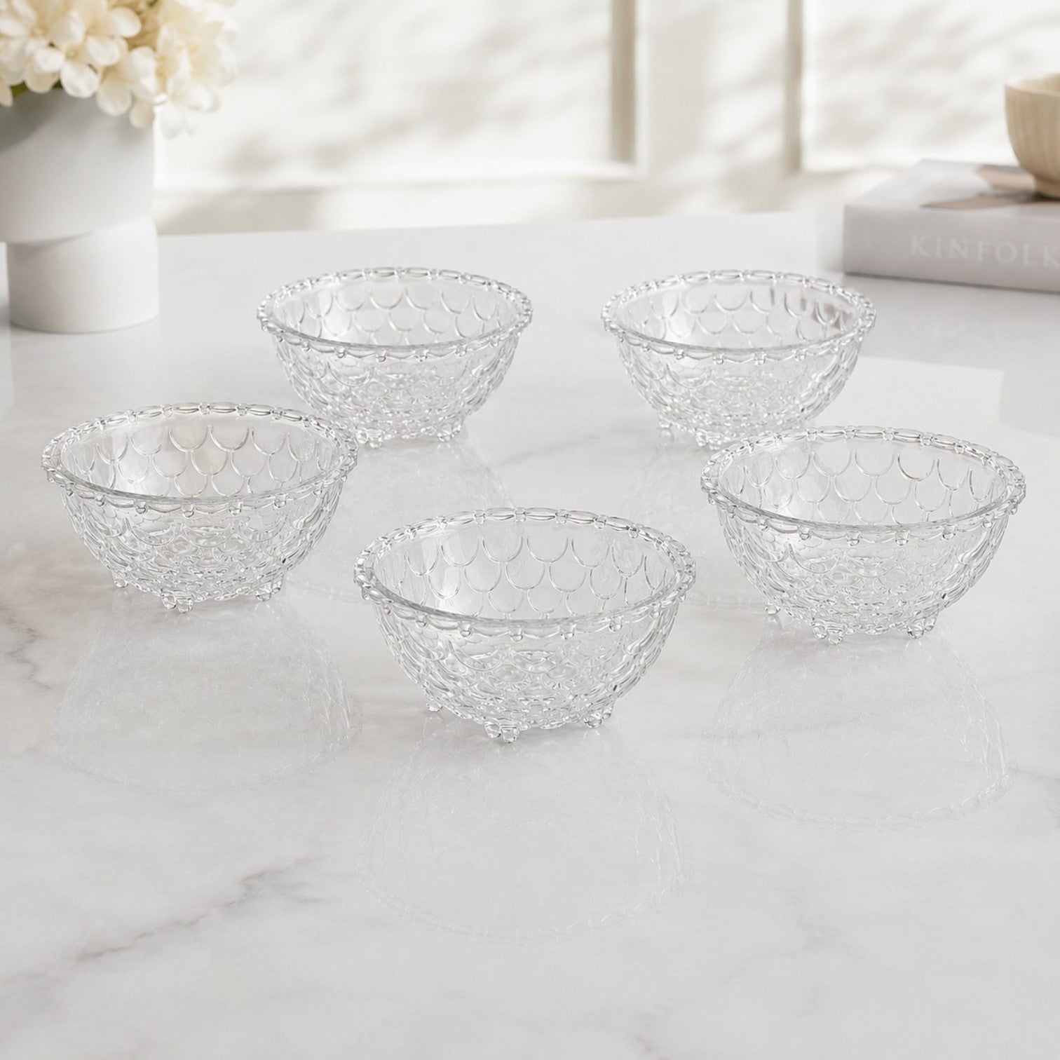 Bol din Sticla 6/set, Model Solzi cu Piciorușe, 11.5x5cm Transparent Engros