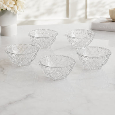 Bol din Sticla 6/set, Model Solzi cu Piciorușe, 11.5x5cm Transparent Engros
