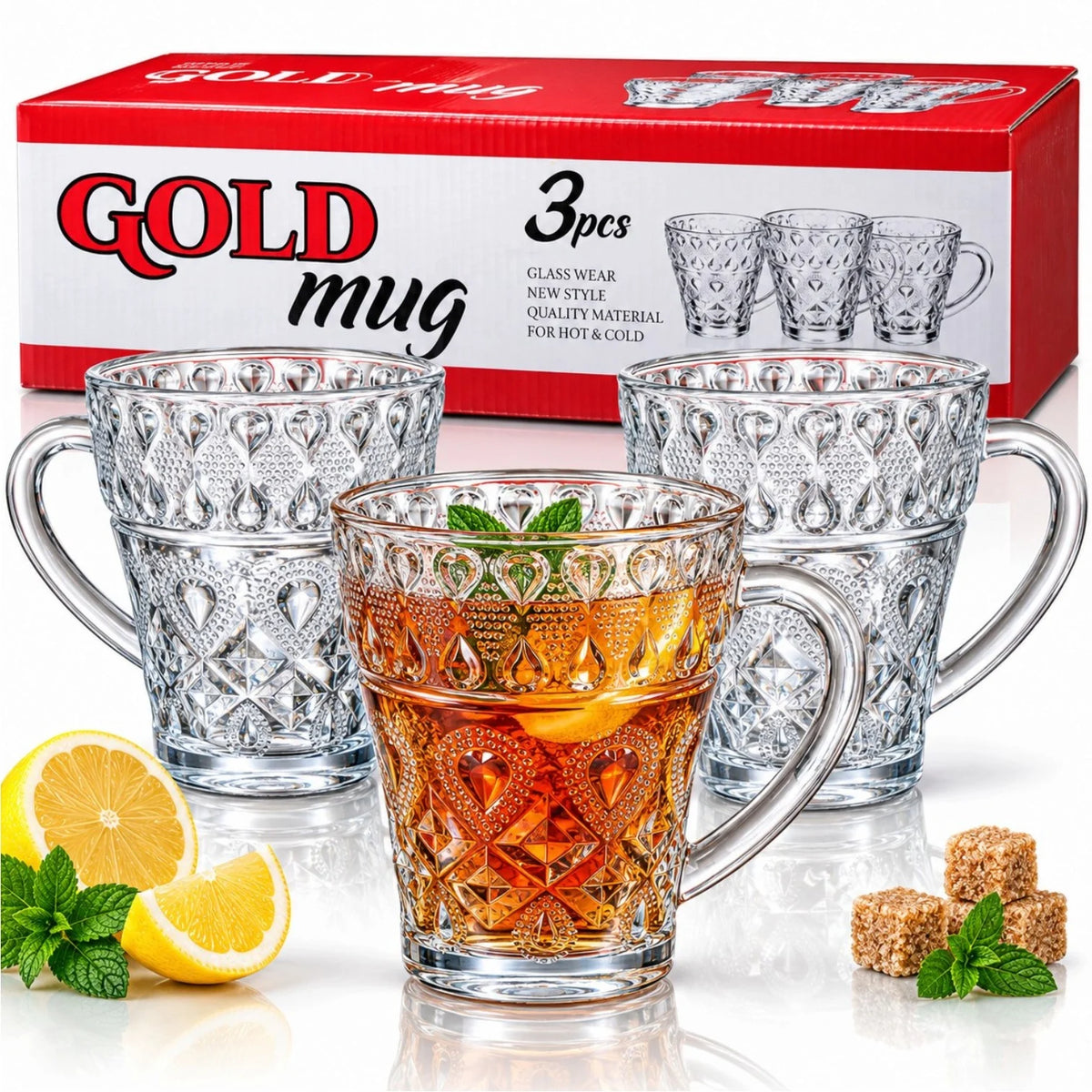 Cana din Sticla 3/set, Model Gold Mare, 9.5x8cm, cu Maner, Model Cristal Engros