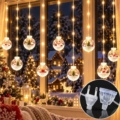 Instalatie LED de Craciun 3m, cu 10 Globuri de 8.5cm, Figurine si Zapada Artificiala din Polistiren, Lumina Alb Cald, Jocuri de Lumini, Efect Flash, Interconectabila Engros