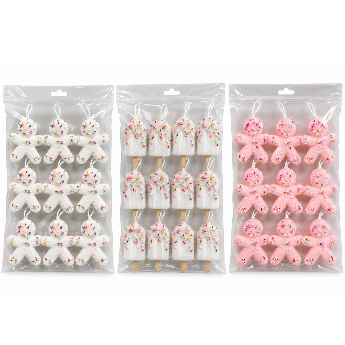 Decorațiuni de Crăciun 12/set, 12–15.5cm, Om de Turtă Dulce și Înghețată pe Băț, cu Sclipici și Bombonele Colorate, Diverse Modele pentru Brad Engros
