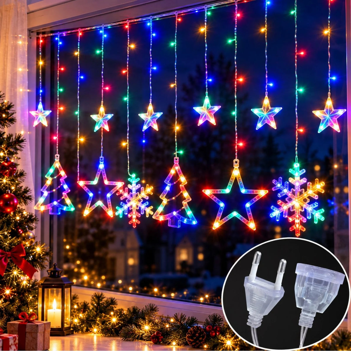 Instalatie LED Perdea Craciun 4m, 85cm h, 10 Figurine Decorative, Lumina Multicolora, Flash, Jocuri de Lumini, Mufa Interconectabila Engros