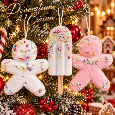 Decorațiuni de Crăciun 12/set, 12–15.5cm, Om de Turtă Dulce și Înghețată pe Băț, cu Sclipici și Bombonele Colorate, Diverse Modele pentru Brad Engros