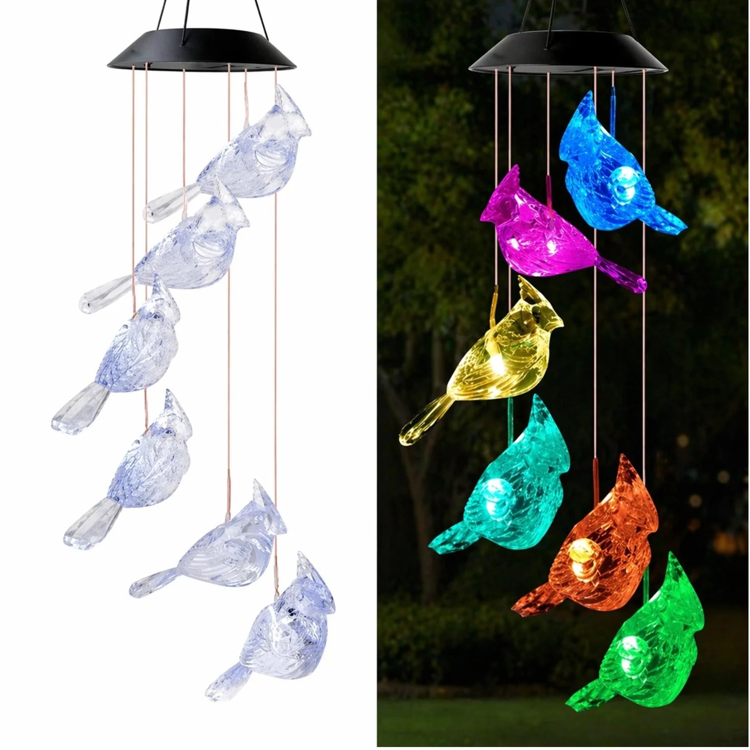 Lampă Solară LED 63cm cu Clopoțel de Vânt, Model cu 6 Păsări Transparente din Plastic, Iluminare LED Multicoloră, Panou Solar si Agățătoare Inclusă Engros