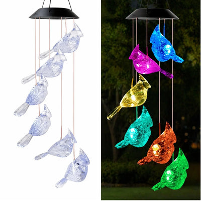 Lampă Solară LED 63cm cu Clopoțel de Vânt, Model cu 6 Păsări Transparente din Plastic, Iluminare LED Multicoloră, Panou Solar si Agățătoare Inclusă Engros