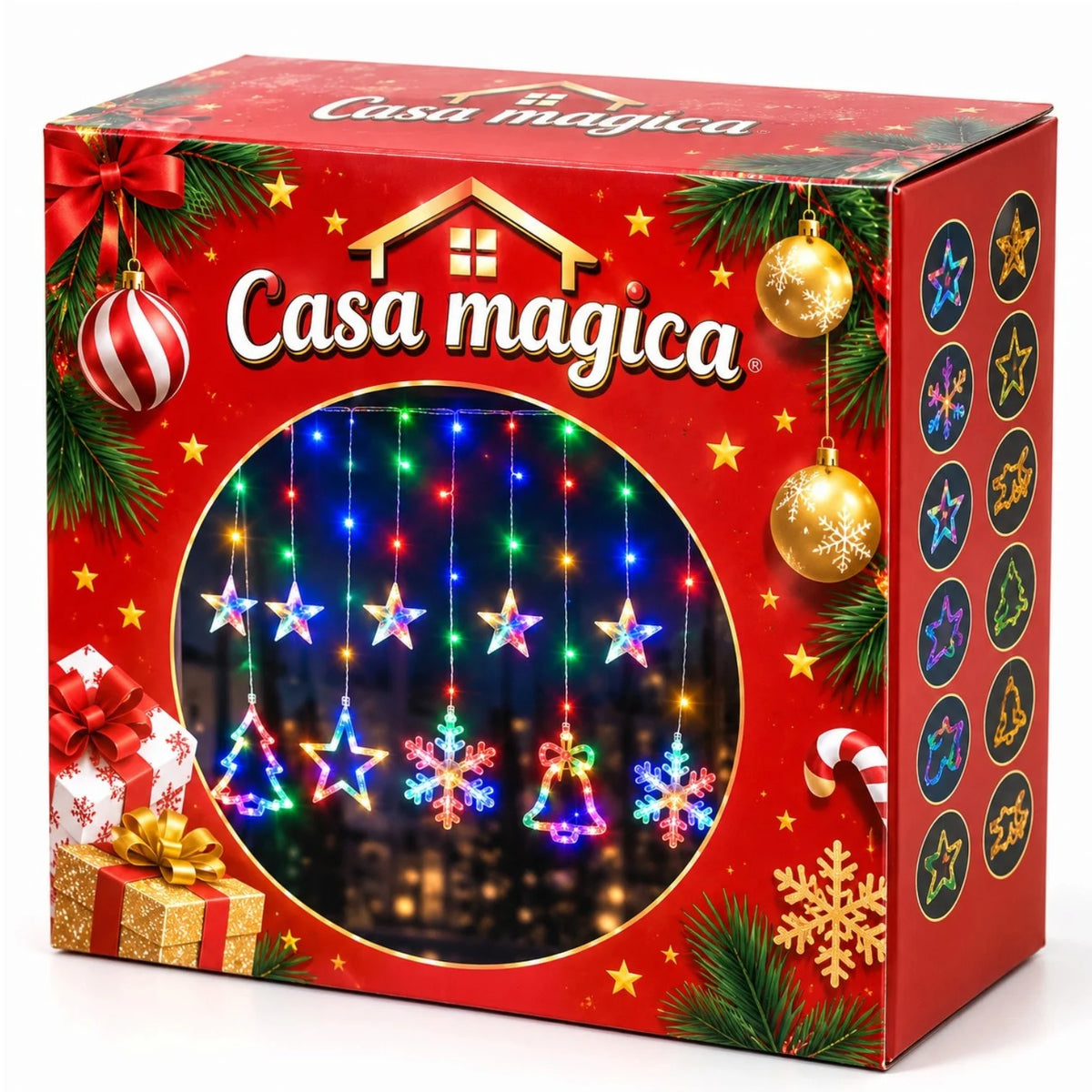 Instalatie LED Perdea Craciun 4m, 85cm h, 10 Figurine Decorative, Lumina Multicolora, Flash, Jocuri de Lumini, Mufa Interconectabila Engros