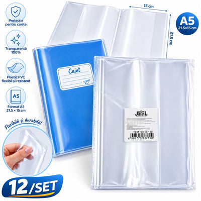 Copertă Transparentă A5 21.5×15cm, 12/set, pentru Caiete, din Plastic PVC Flexibil, Reutilizabilă, Universală Engros