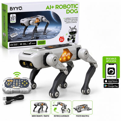 Caine Robot Inteligent AI+ Robotic Dog 30cm, Model 8877, cu Telecomanda 2.4GHz, Control Vocal si prin Aplicatie, Bluetooth, Acumulator 3.7V, Incarcare USB, Miscari Bionice, Lumini si Sunete Engros