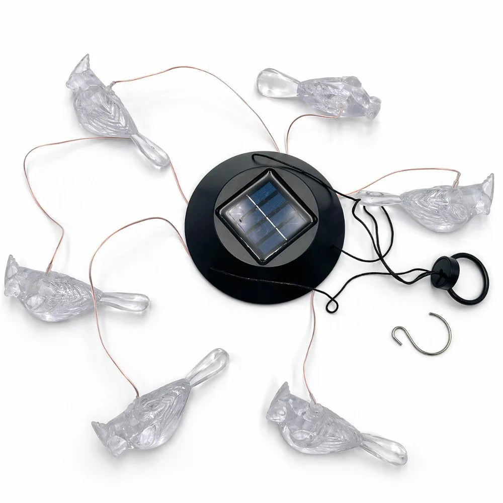 Lampă Solară LED 63cm cu Clopoțel de Vânt, Model cu 6 Păsări Transparente din Plastic, Iluminare LED Multicoloră, Panou Solar si Agățătoare Inclusă Engros