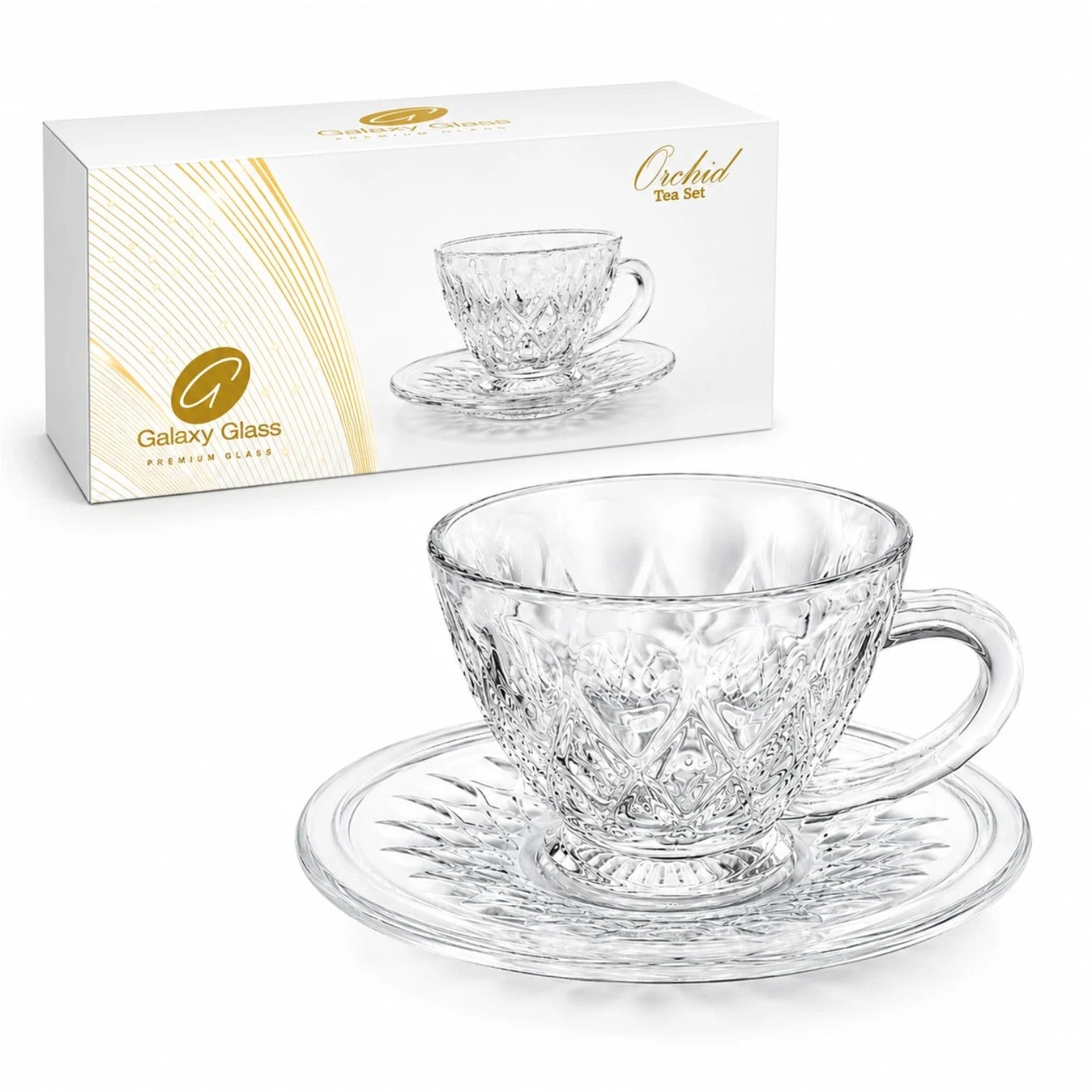 Cana 7x9cm cu Farfurioara 14.5cm, din Sticla 6/set, Model Cristal Engros