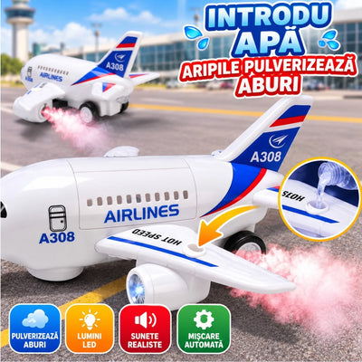 Avion de Jucarie Interactiv A308, 26cm, cu Lumini LED, Muzica, Pulverizare Aburi, Usa Cabina cu Deschidere si Miscare Automata 360° Engros