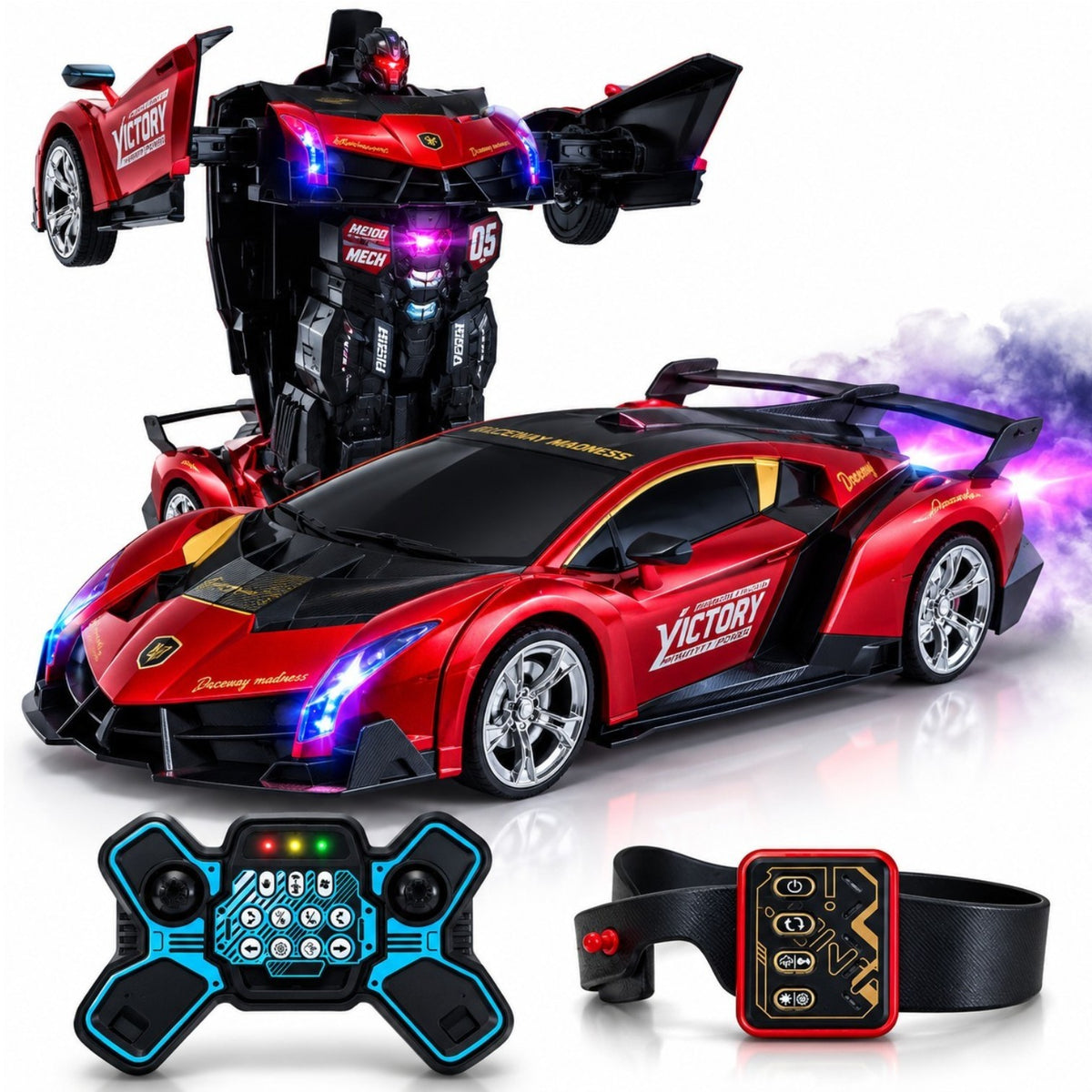 Masina Transformabila in Robot 50x20cm, cu Telecomanda 2.4GHz si Control prin Gesturi, Lumini LED Multicolore, Efect de Fum, Rotire 360°, Sunete, Acumulator Reincarcabil, Diferite Culori Engros