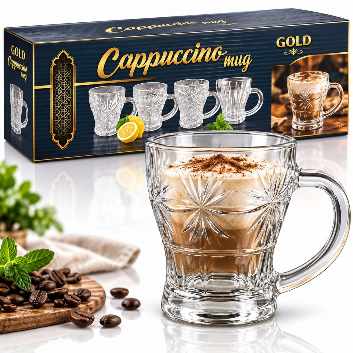 Cana Cappuccino din Sticla, 3/Set, Model Rectangular, 9.5x7cm, cu Maner Engros