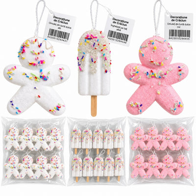 Decorațiuni de Crăciun 12/set, 12–15.5cm, Om de Turtă Dulce și Înghețată pe Băț, cu Sclipici și Bombonele Colorate, Diverse Modele pentru Brad Engros