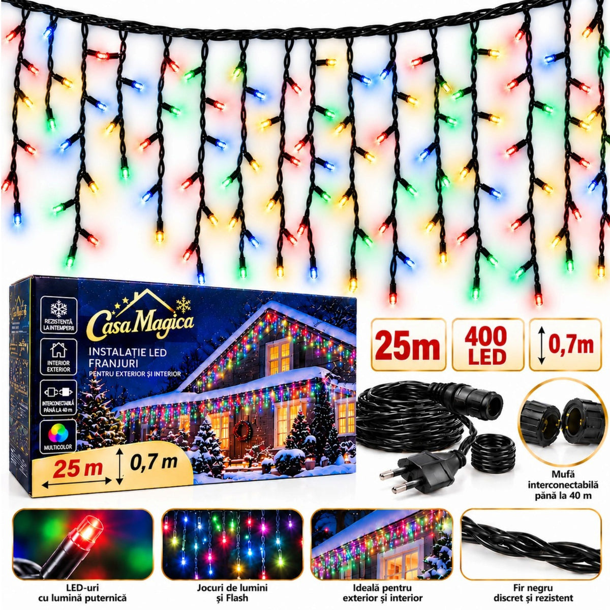 Instalație de Crăciun Tip Franjuri 25m, 400 LED-uri, Lumină Multicolora, Fir Negru, Jocuri de Lumini și Flash Alb, Mufă Interconectabilă Engros