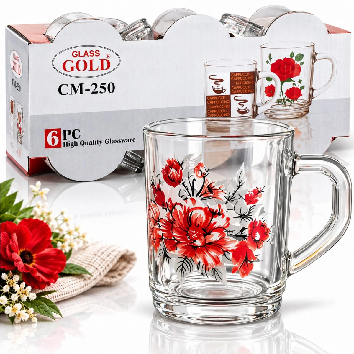 Cana din Sticla 250ml, 6/Set, Model Floral, cu Maner, 8.5x7cm Engros