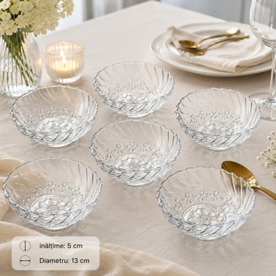 Bol din Sticla 6/set, Model Floral Transparent, 13x5cm, Cristal Engros