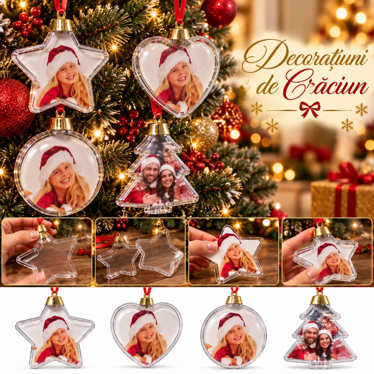 Globuri de Crăciun Personalizabile cu Fotografii, 9–10cm, Transparente, cu Deschidere pentru Introducerea Pozei, Diferite Modele Engros